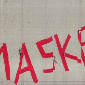 glitchy scan of a whitish wall with red tape forming the word MASKE